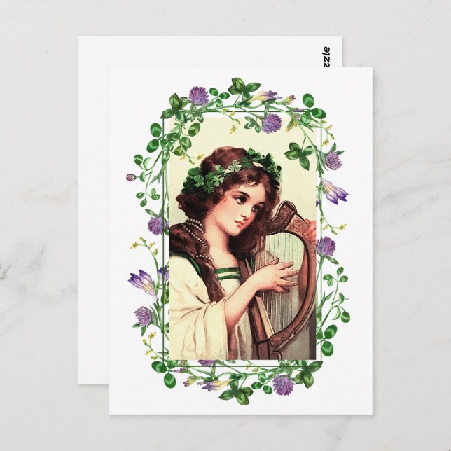 Grattis St. Patricks dag. Irländsk flicka med harp Vykort (Fram/baksida)