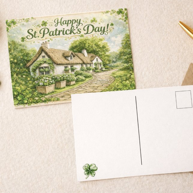 Grattis St. Patrick's Day Irländsk stugutsikt vyko Vykort (Skapare uppladdad)