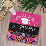 Grattis Student Girly Flowers Studenten Nyckelring<br><div class="desc">Lägg till namn och år till den här visuella designen. Detta kan användas för vilken student som helst eller återförening - högskola,  högskola,  gymnasieskola,  sjuksköterska,  skola eller till och med fackskola.</div>
