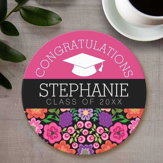 Grattis Student Girly Flowers Studenten Underlägg Papper Rund (Personalized coaster - Graduation Party)
