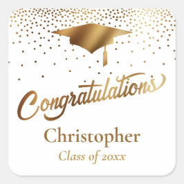 Grattis Student, Guld och Vita Fyrkantigt Klistermärke