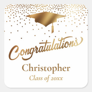 Grattis Student, Guld och Vita Fyrkantigt Klistermärke