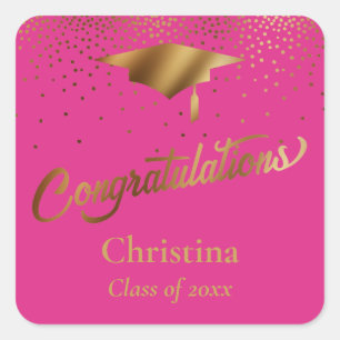 Grattis Student, Guld på Rosa Fyrkantigt Klistermärke