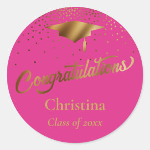 Grattis Student, Guld på Rosa Runt Klistermärke