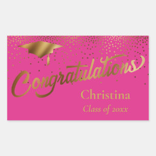 Grattis Student Klass Guld på Rosa Rektangulärt Klistermärke