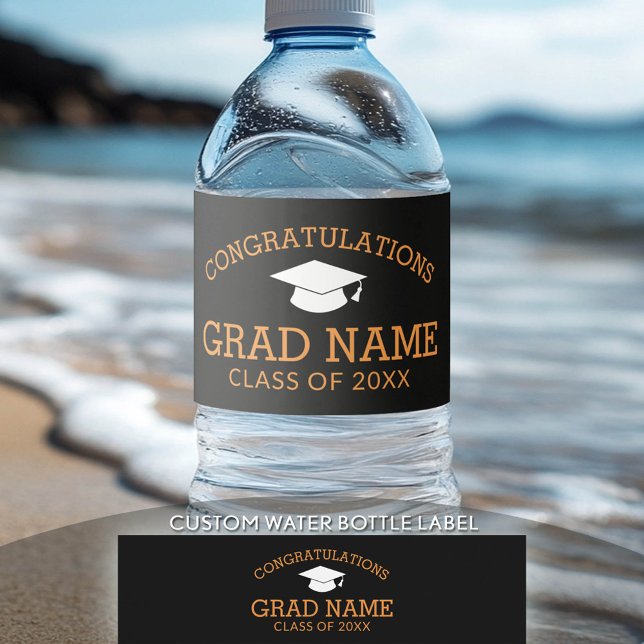 Grattis Student Studenten Black Orange Vattenflaskor Etikett (Custom Graduation Water Bottle Label)
