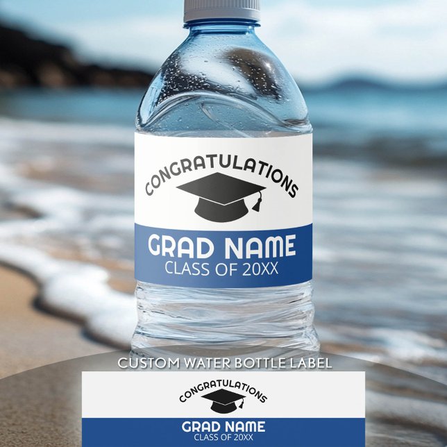 Grattis Student Studentmössa Blue Black Vattenflaskor Etikett (Custom Graduation Water Bottle Label)