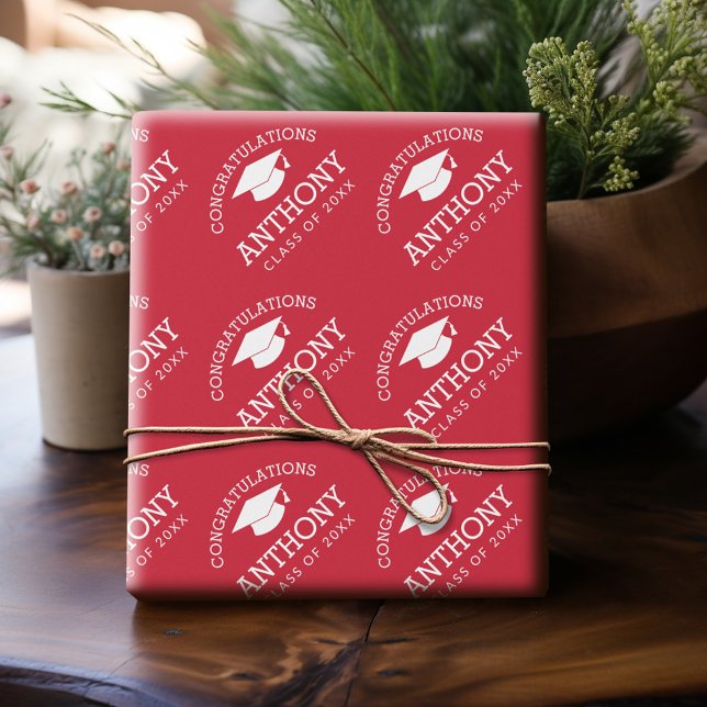 Grattis Student Studentmössa röd vit Presentpapper (Personalized Wrapping Paper)