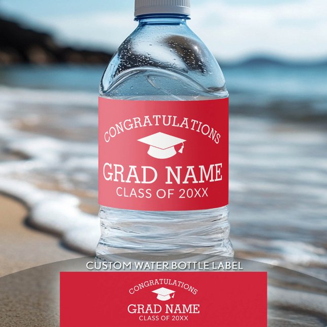 Grattis Student Studentmössa röd vit Vattenflaskor Etikett (Custom Graduation Water Bottle Label)