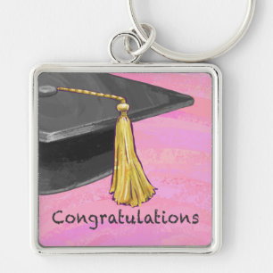 Grattis Student Svarta och Rosa Fyrkantig Silverfärgad Nyckelring