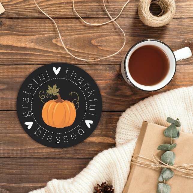 Grattis, tack, välsignad folkkonsthandling underlägg papper rund (Grateful, Thankful, Blessed Folk Art Pumpkin Round Paper Coaster)