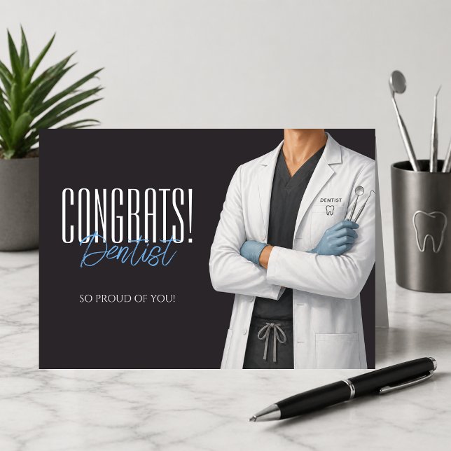 Grattis Tandläkarexamen Grattiskort Tack Kort (Modern dentist graduation greeting card with clean masculine design and clinical blue accents)