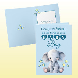 Grattis till babypojken elefant blå kort