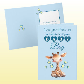 Grattis till babypojken giraff blå kort