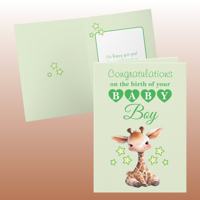 Grattis till babypojken giraff grön kort (Skapare uppladdad)