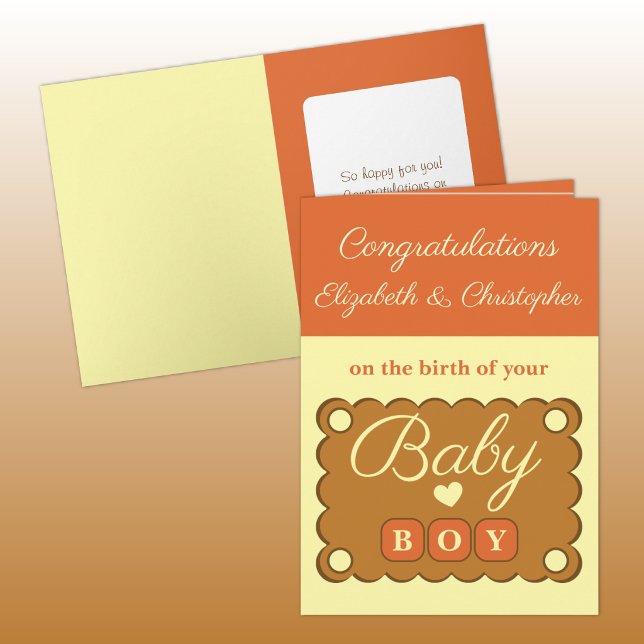 Grattis till babypojken orange gul kort (Skapare uppladdad)