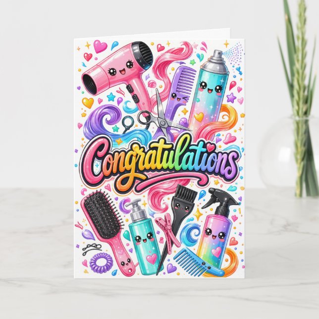 Grattis till examen för hårstylist kort (Framsida)