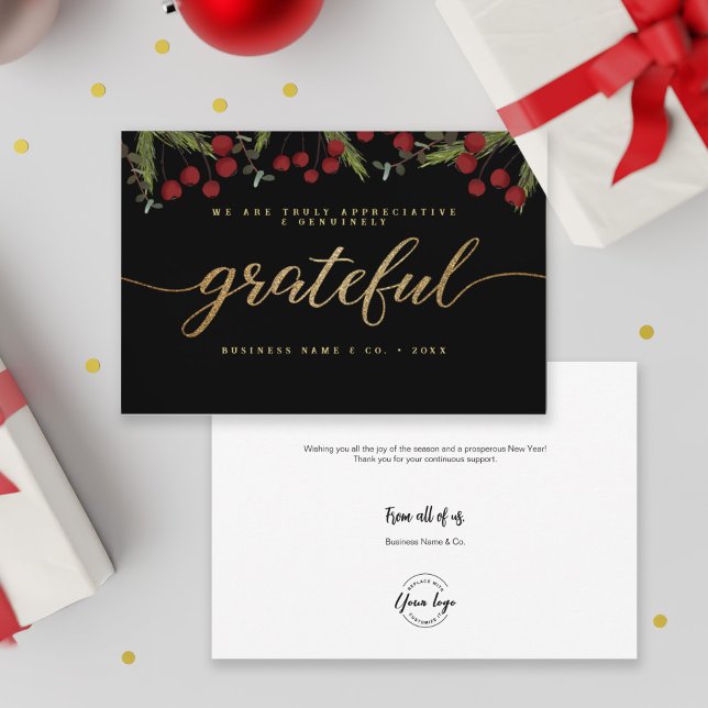 Grattis till Modern Script Holly Gräs Business log Julkort (Customizable logo, name and message, business holiday card in red, green and gold.)