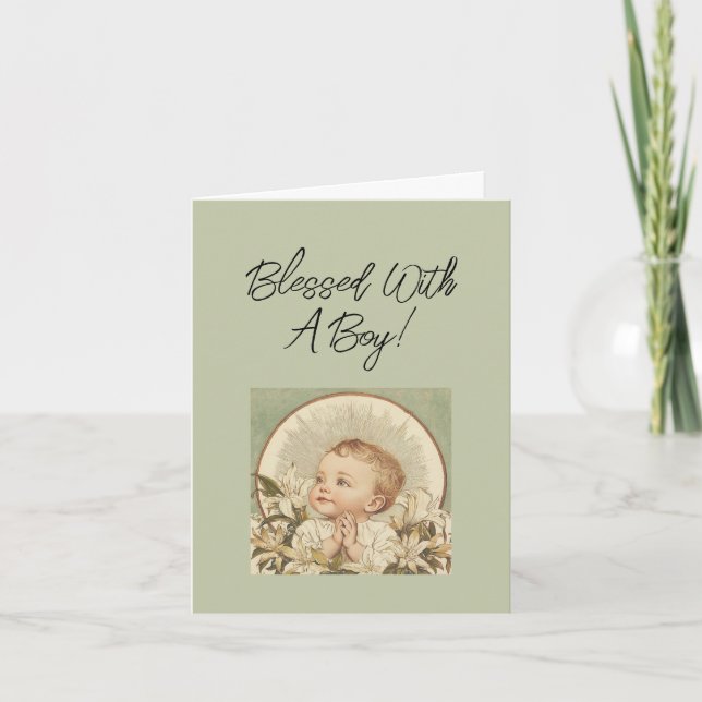 Grattis till religiös babypojke, Anpassad text  Kort (Framsida)