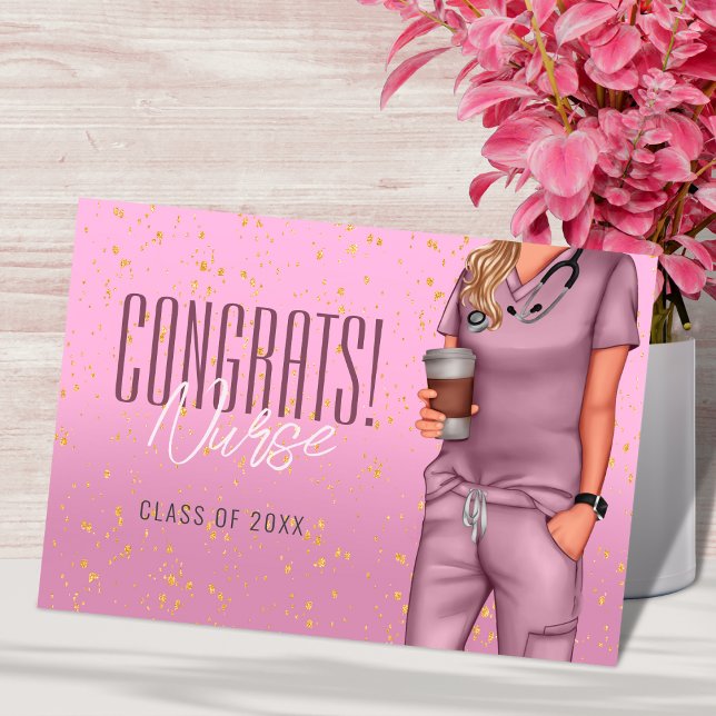 Grattis till sjuksköterskeexamen kort (Elegant nurse graduation card with modern pink design celebrating her proud milestone.)