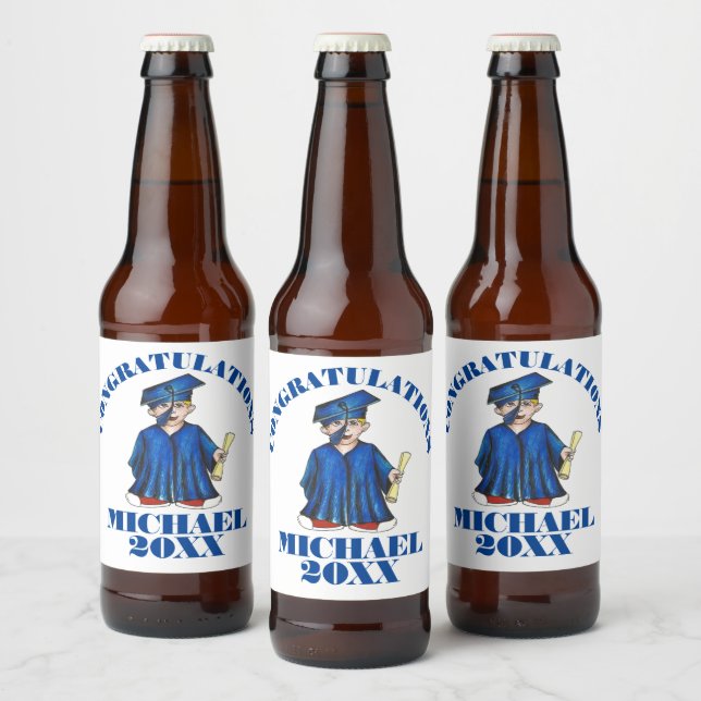 Grattis till studenten Pojke Studentmössa och stud Ölflaska Etikett (Flaskor)