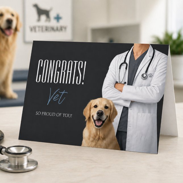 Grattis till veterinärexamen Kort (Congrats Vet graduation card with dog, clean modern design, heartfelt and meaningful)