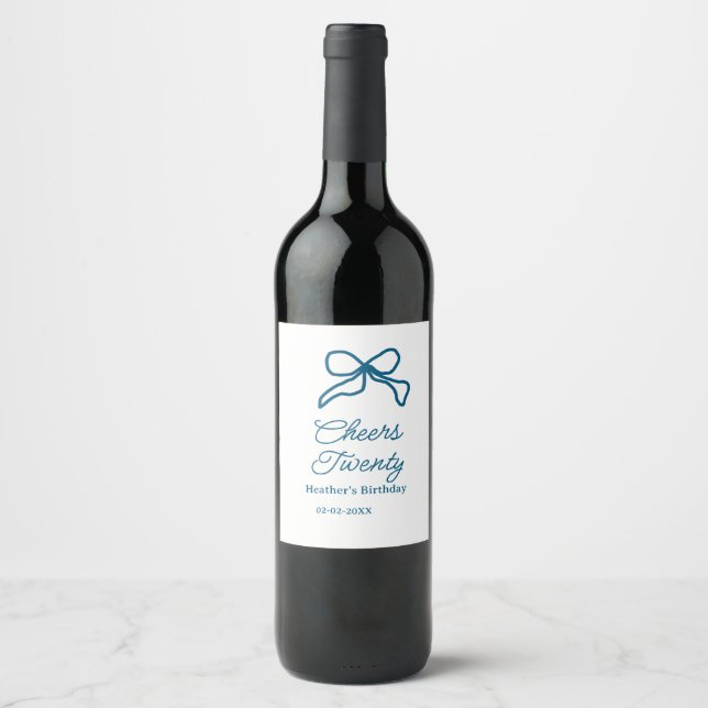 Grattis tjugo blå födelsedagsbåge namn datum boho  vinflaska etikett (Framsida)