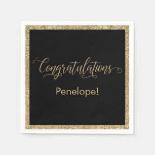 Grattis Typografi Guld Glitter och svart Pappersservett