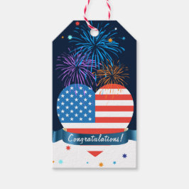Grattisar! Amerikanska USA flagga 4 juli Presentetikett