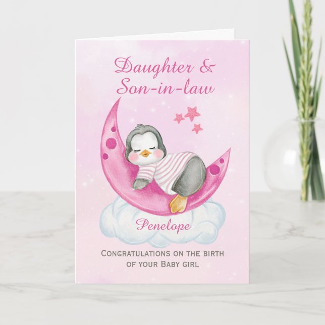 Grattisar Dotter A Nyfödd bebis Girl Penguin Kort (Framsida)