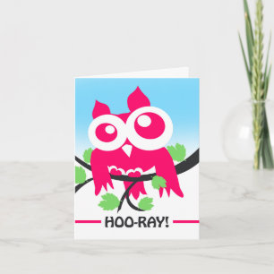 Grattisar Hoo ray Cute Rosa Uggla på Gren Kort