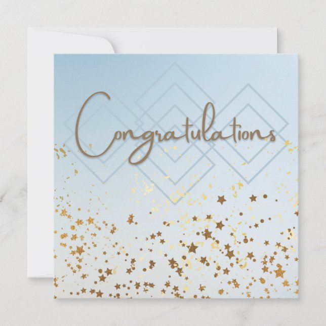 Grattisar i ljusblått och guld inbjudningar (Framsida)