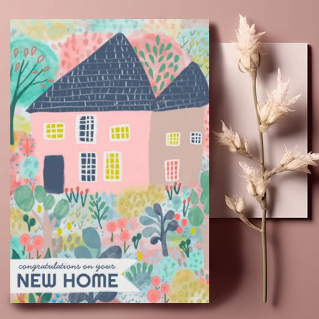 Grattisar Ny hemgarden Watercolor Cute Kort (Congratulations on new home custom greeting card with watercolor cottage art
)