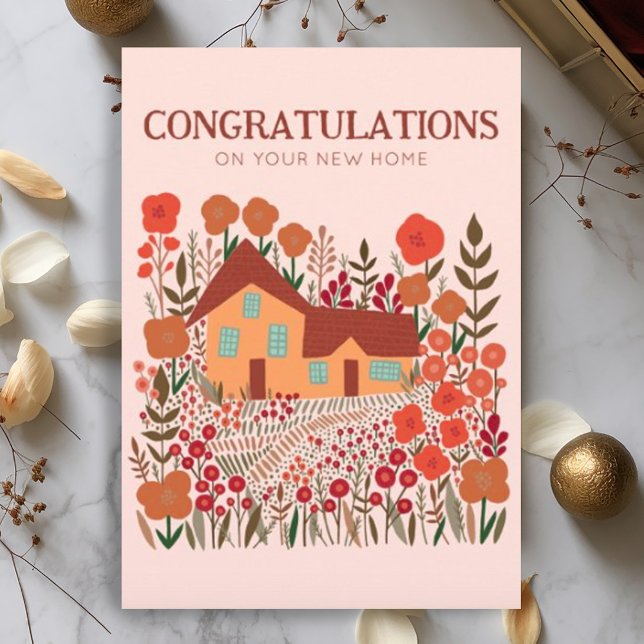 GRATTISAR Nytt hem-hem-uppvärmningsbonde Kort (Cute farmhouse wildflowers autumn illustration congratulations on new home card - digital download)