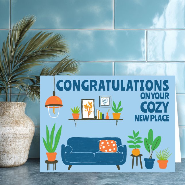 Grattisar Nytt Mysigt hemmet för  ledighetsrum Kort (Congratulations New Home Cozy Cute Living Room Hand Drawn Card
)