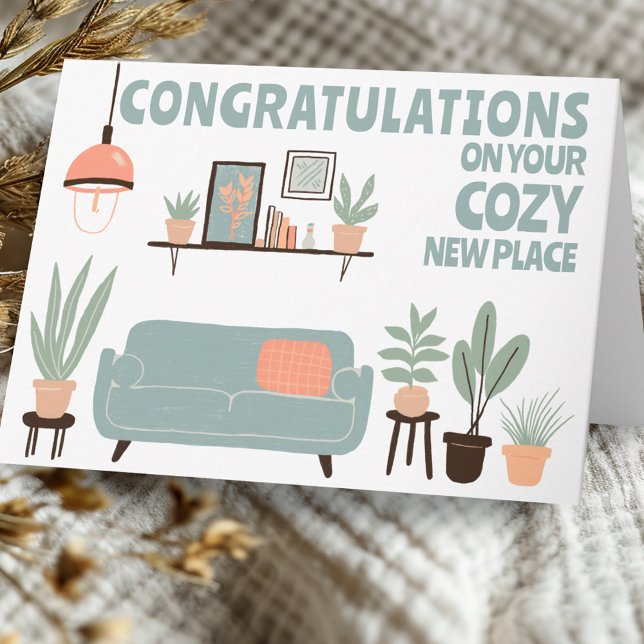 Grattisar Nytt Mysigt hemmet för  ledighetsrum Kort (Congratulations New Home Cozy Cute Living Room Card
)