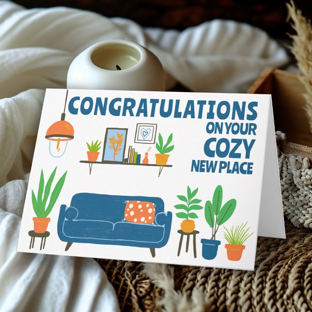 Grattisar Nytt Mysigt hemmet för  ledighetsrum Kort (Congratulations New Home Cozy Cute Living Room Custom Housewarming Colorful Whimsical Greeting Card
)