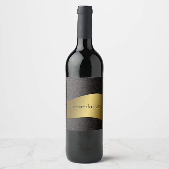 Grattisar! Sleek Guld Band på svart läder Vinflaska Etikett (Framsida)