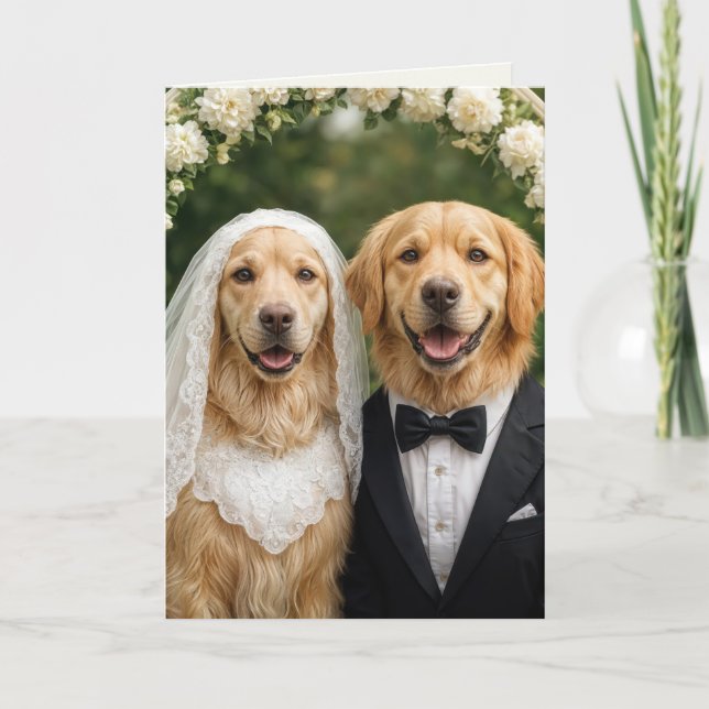 Grattisarna Golden Retriever Bride and Groom Kort (Framsida)