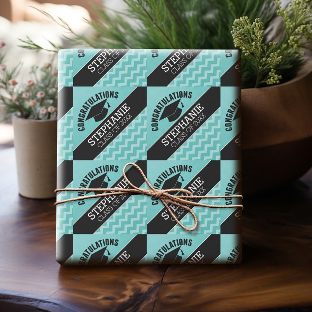 Grattisarna Student - Aqua Black Studenten Presentpapper (Personalized Graduation Wrapping Paper)