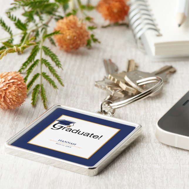 Grattisarna Student, Hat, Tassel, Blue, Guld Fyrkantig Silverfärgad Nyckelring (Sidan)