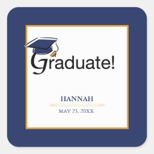 Grattisarna Student, Hat, Tassel, Blue, Guld Fyrkantigt Klistermärke