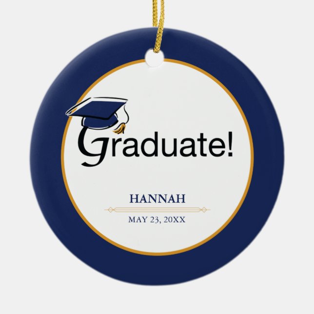 Grattisarna Student, Hat, Tassel, Blue, Guld Julgransprydnad Keramik (Framsidan)