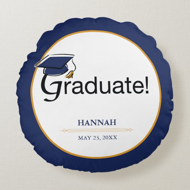Grattisarna Student, Hat, Tassel, Blue, Guld Rund Kudde (Framsidan)