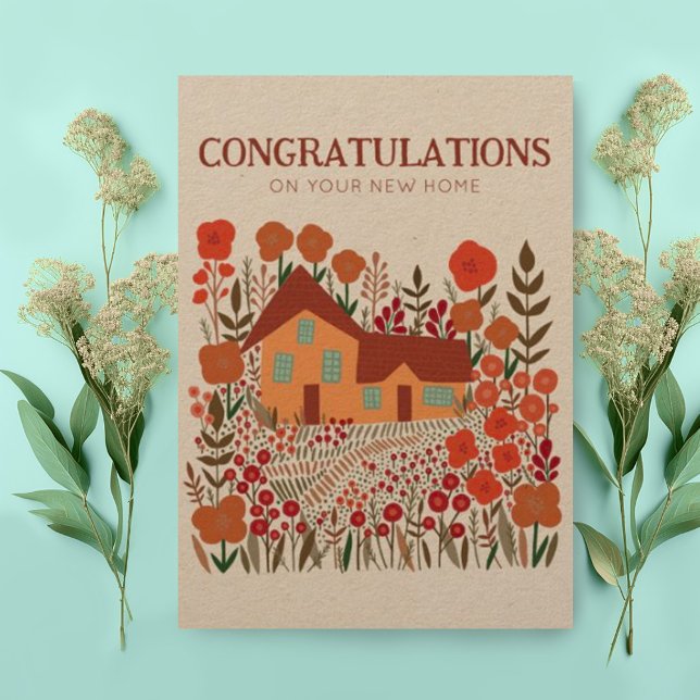 GRATTISS Houseuppvärminghus Kraft Kort (Custom new home congratulations card with cute cottage and garden with flowers)
