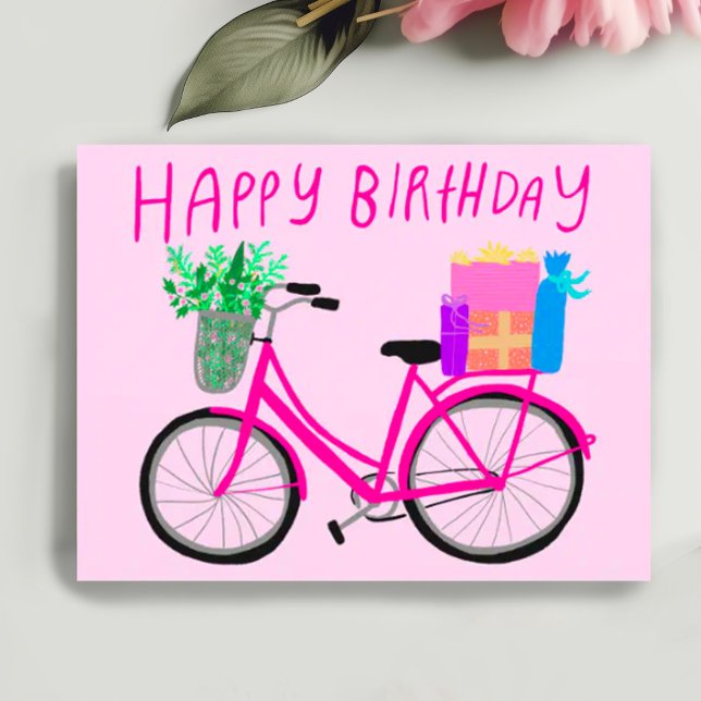 GRATTULERAR PÅ FÖDELSEDAGEN Söt Rosa Cykel Anpassa Vykort (Happy birthday cheerful pink bicycle with gifts and flowers. Add your own text customize  postcard)