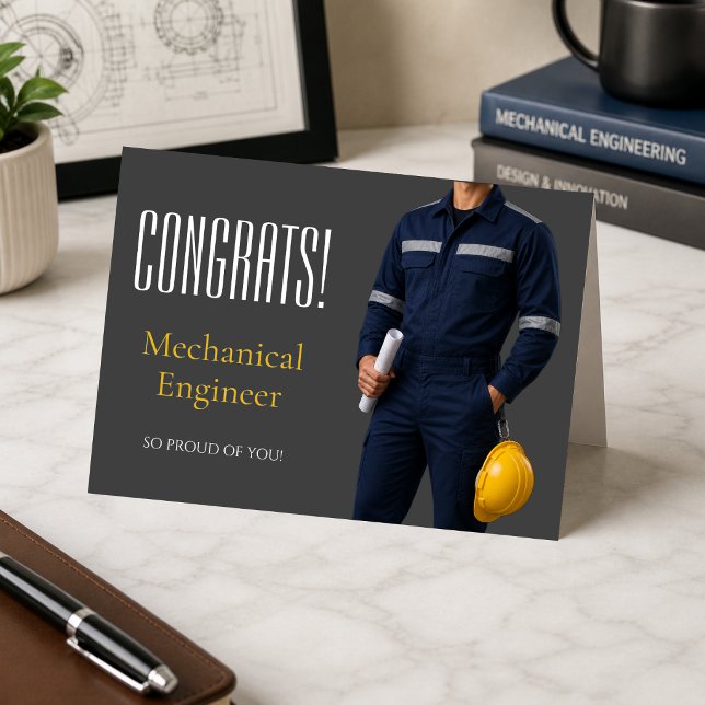 Gratulationskort för examen för maskiningenjör tack kort (Modern mechanical engineer graduation card — clean, meaningful design)