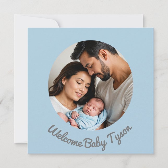 Gratulerar custom baby pojke blå, välkommen baby inbjudningar (Framsida)