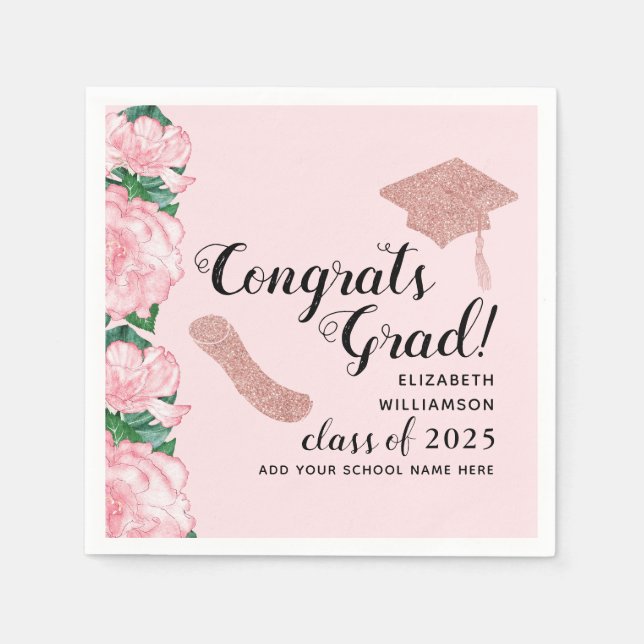 Gratulerar Grad Blommigt Rosa Class 2025 Studenten Pappersservett (Framsidan)
