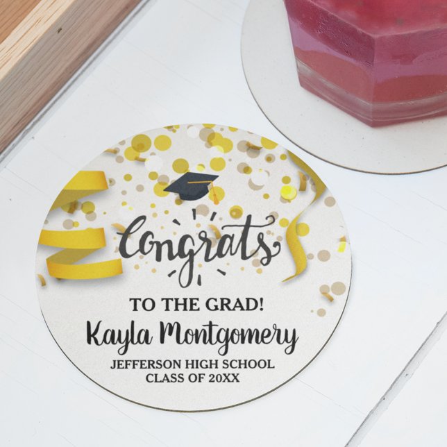 Gratulerar Grad Cap Guld Confetti Streamers Anpass Underlägg Papper Rund (Skapare uppladdad)
